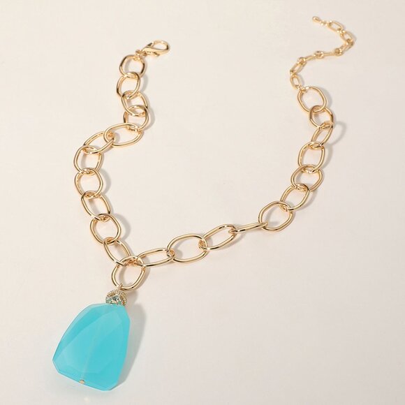 Faceted Stone Pendant Chunky Gold Dipped Link Chain Statement Necklace - Picture 2 of 5